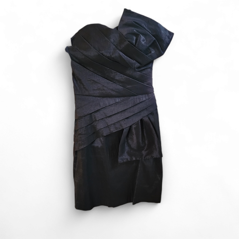 Arden B black strapless fan pleat ruching bow mini dress